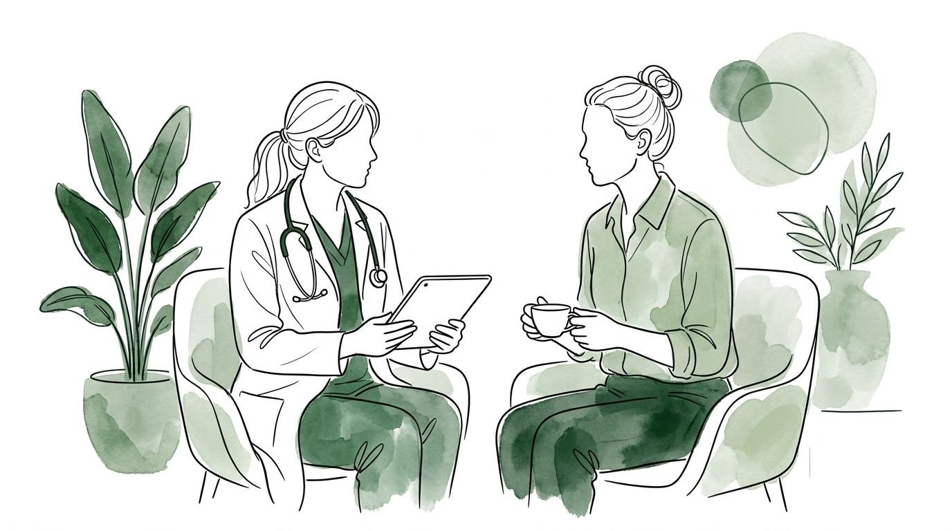 Healthcare consultation illustration showing a doctor and patient